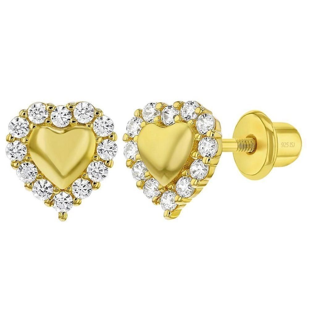 925 Sterling Silver Gold Plated Clear CZ Screw Back Heart Earrings Girls